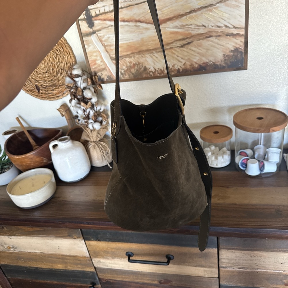 Coach olive green Suede bucket Bag